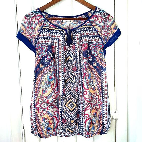 John Paul Richard Boho Bohemian Paisley Peasant Blouse Short Sleeves Sz M - Picture 2 of 11